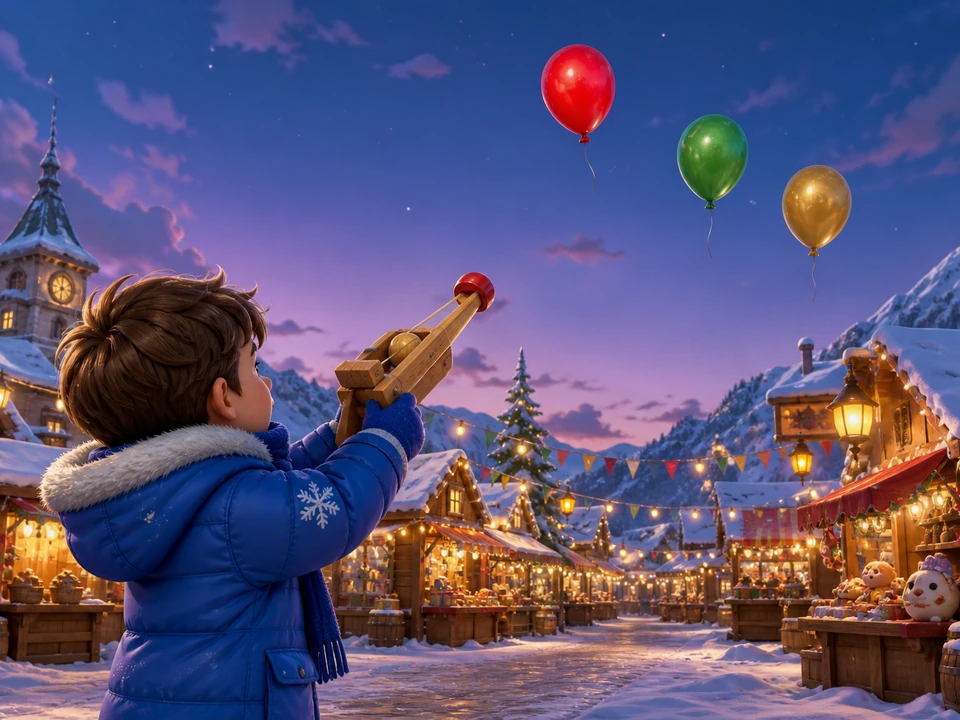 Child in a blue winter coat aiming a wooden toy launcher at red green and gold balloons drifting above a snowy village market, clear festive 3D gameplay