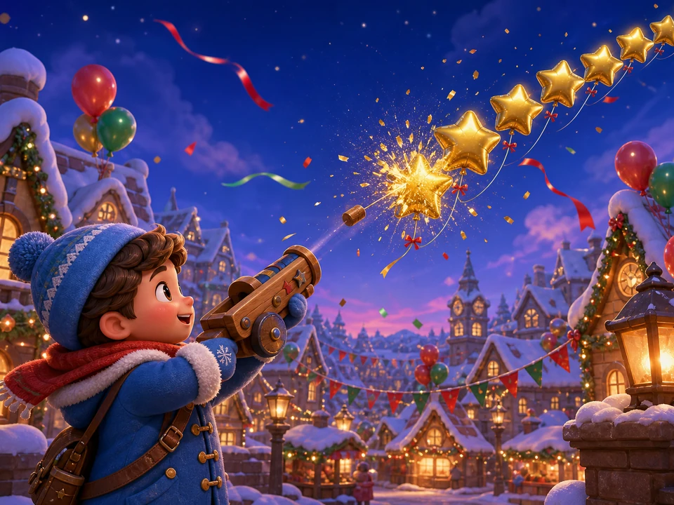 Same child popping a diagonal chain of gold star balloons between decorated rooftops as ribbons and confetti trail through the air