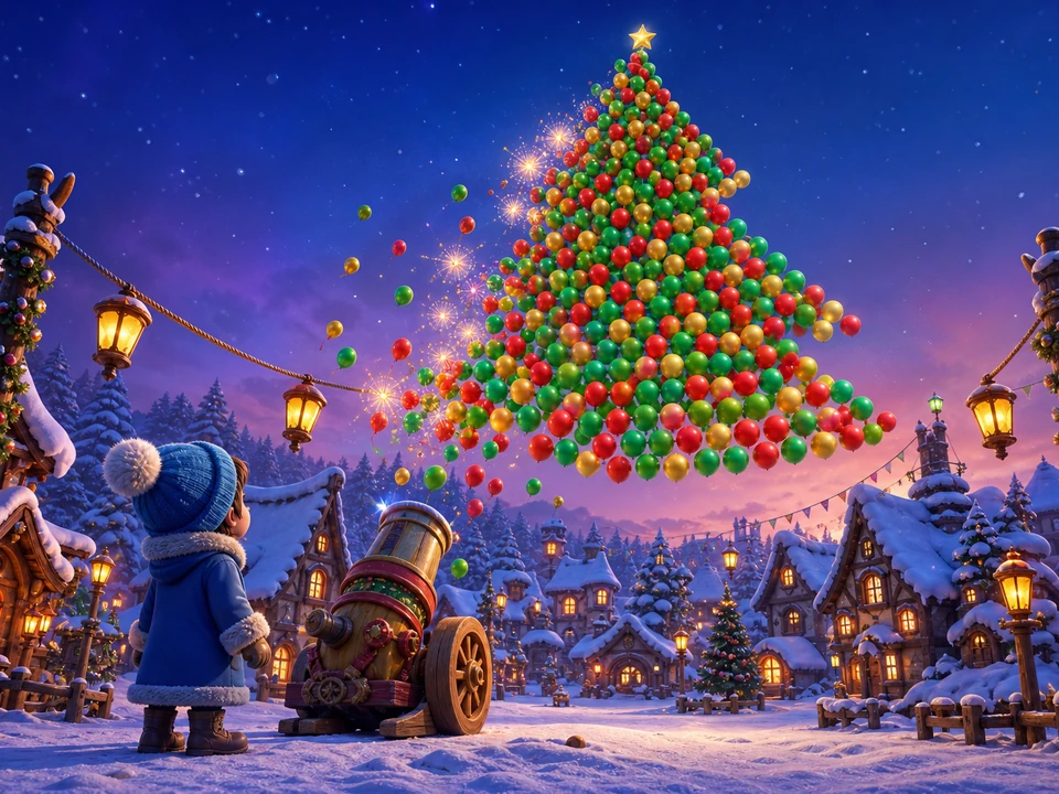 Same village festival during a bonus formation where balloons form a sweeping Christmas tree silhouette before bursting in sequence, no text
