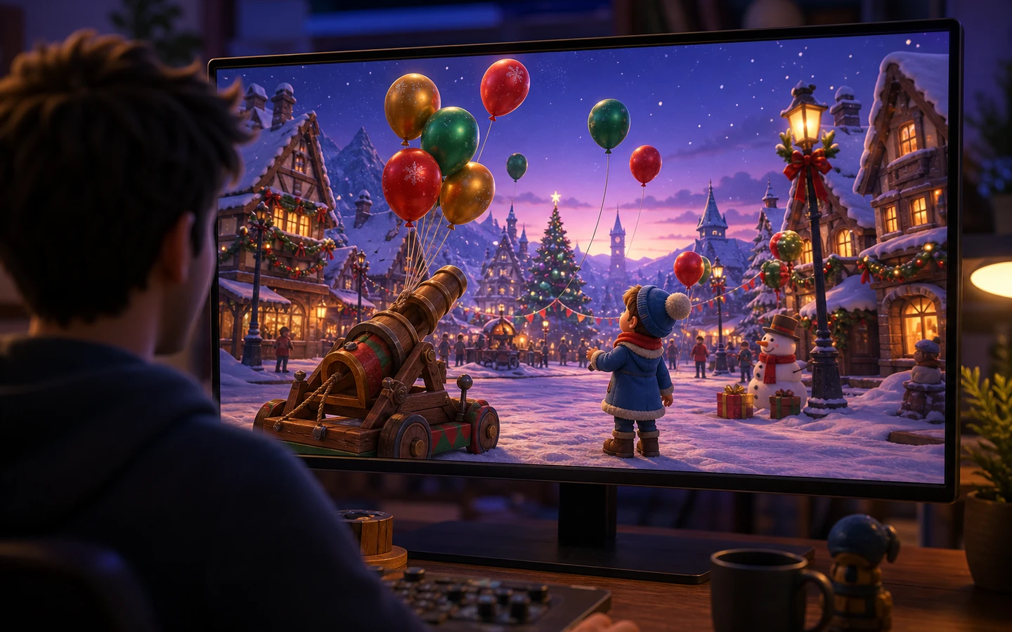 Over-the-shoulder game developer reviewing the original Christmas balloon scene on a large monitor, controls abstract and unreadable