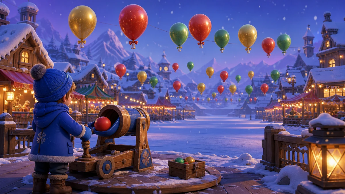 Festive balloon targets crossing at three readable depths above a snowy plaza with open aiming lanes