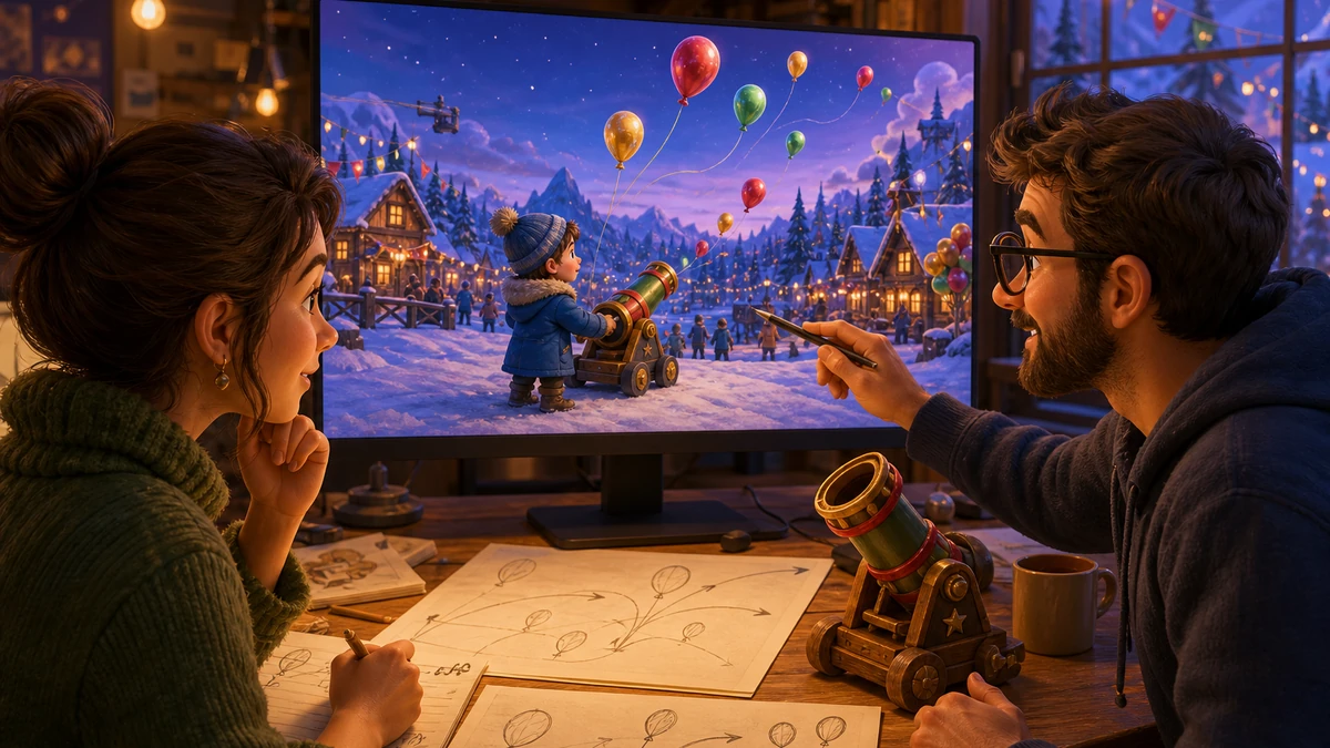 Two game creators reviewing balloon path sketches and the original snowy festival scene on a monitor, no readable labels