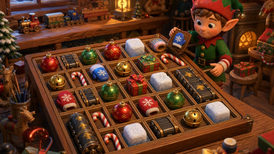 Physical in-world match-puzzle kit with wooden grid cells, ornaments, bells, gifts, mittens, candy canes, snow blockers, and conveyor pieces
