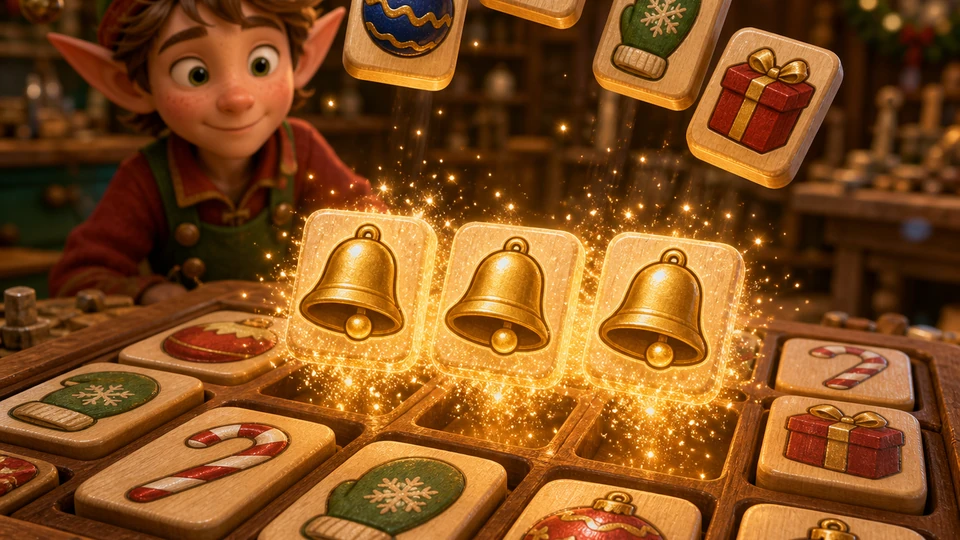 Close view of three bell tiles lifting and dissolving into warm sparkles as pieces above begin to fall