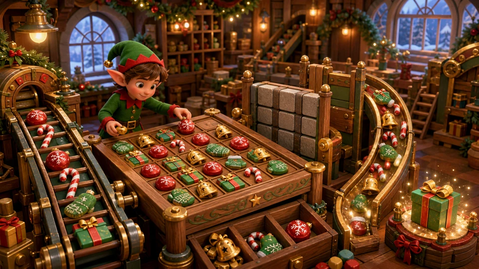 Wide toy workshop showing the puzzle board, tile supply conveyor, blocker area, cascade lane, and completed gift objective