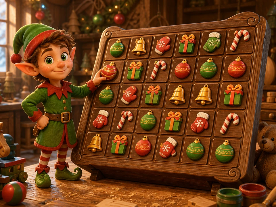 Elf apprentice beside a wooden 3D holiday matching board filled with ornaments bells gifts mittens and candy canes, clear angled gameplay view
