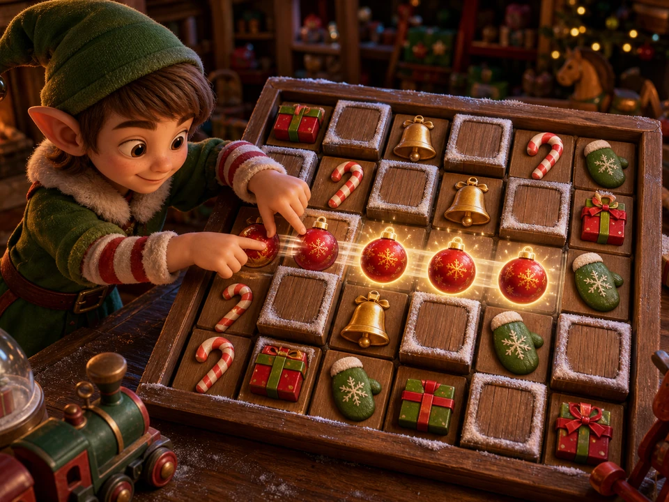 Same board as the elf swaps two ornament tiles to create a horizontal match around frosted wooden blockers