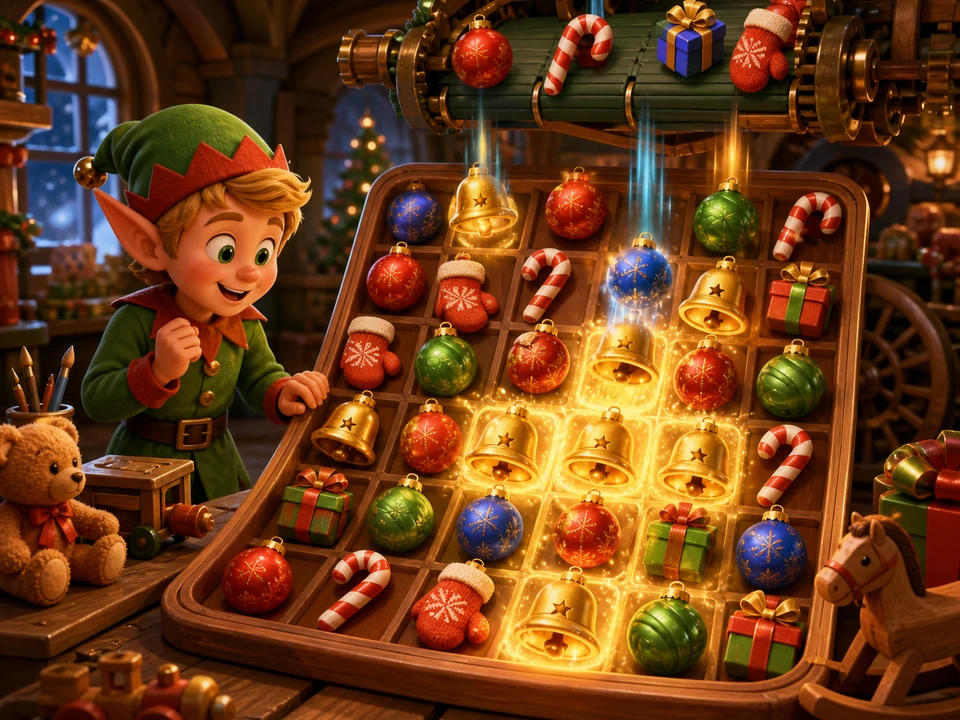 Same holiday board during a cascading streak with cleared tiles glowing and new pieces falling from a toy workshop conveyor, no interface