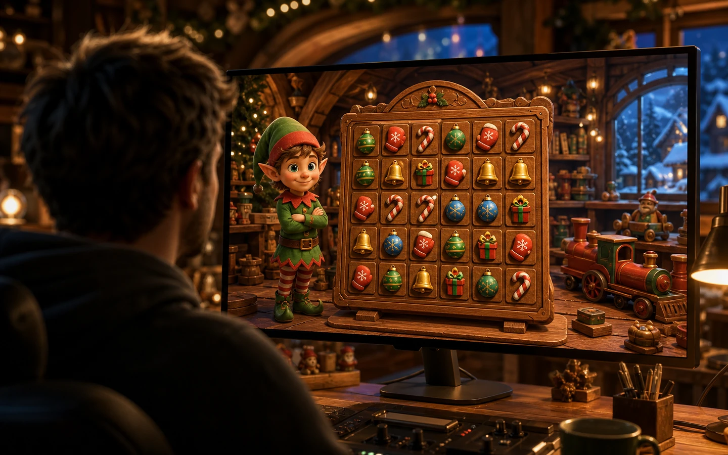 Over-the-shoulder game developer reviewing the original Christmas matching board on a large monitor, controls abstract and unreadable