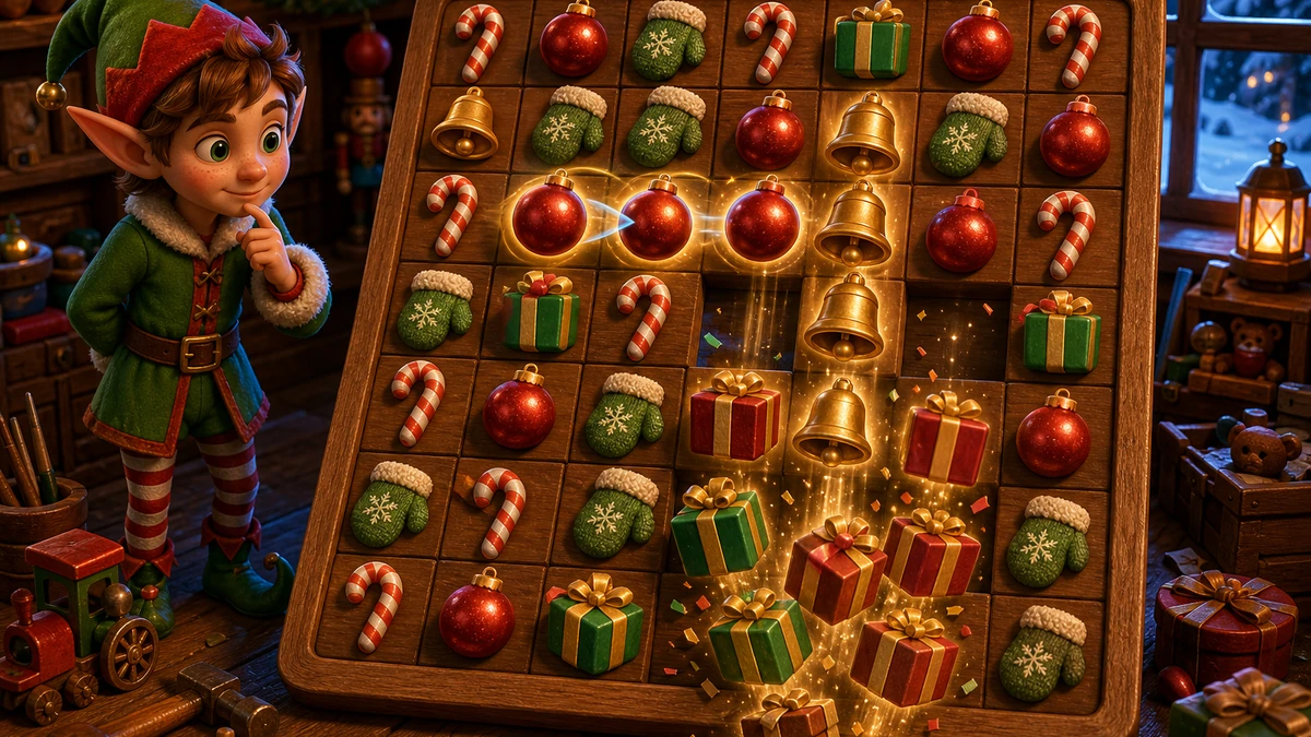 Holiday matching board with one planned swap opening a second cascade through bells and gift tiles, readable spatial logic