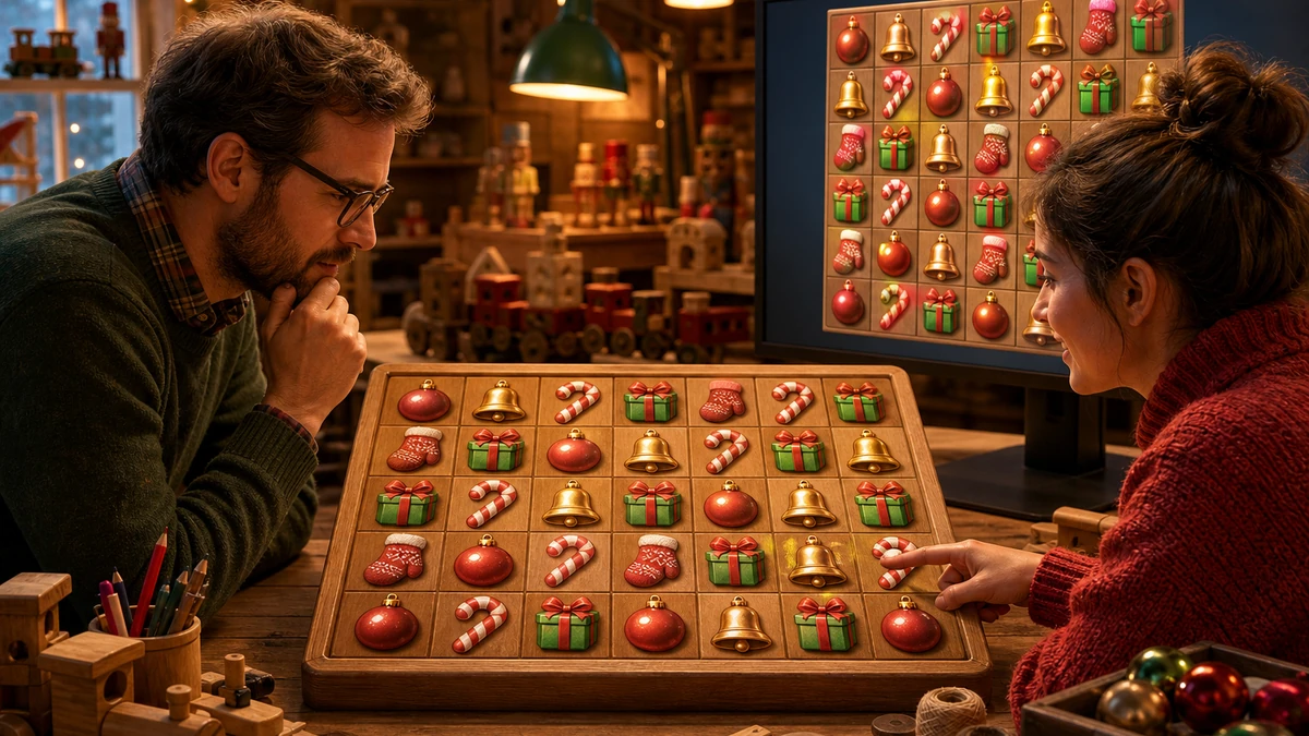 Two puzzle designers reviewing physical holiday tiles and the original board scene on a monitor, no readable labels