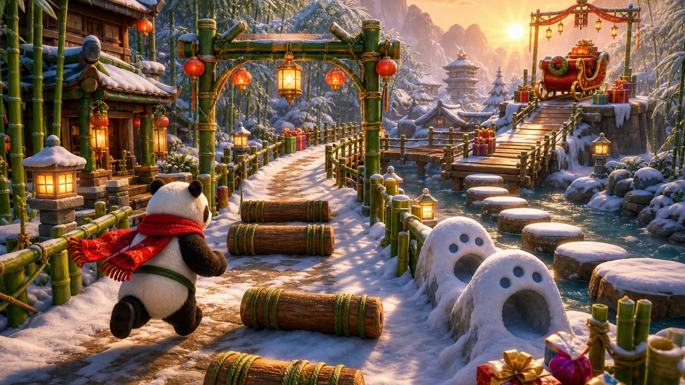 Physical in-world runner kit with bamboo lanes, logs, snowbanks, lantern gates, stepping stones, gifts, bridge pieces, and sleigh finish