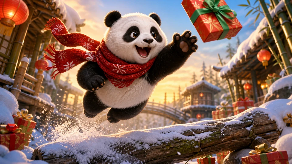 Close action view of red-scarf panda clearing a snow-covered log and catching a wrapped gift in midair