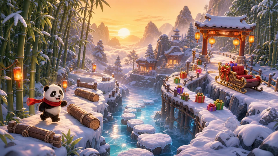 Wide snowy village route showing bamboo start, obstacle lane, frozen stream, elevated gift path, lantern gate, and sleigh finish