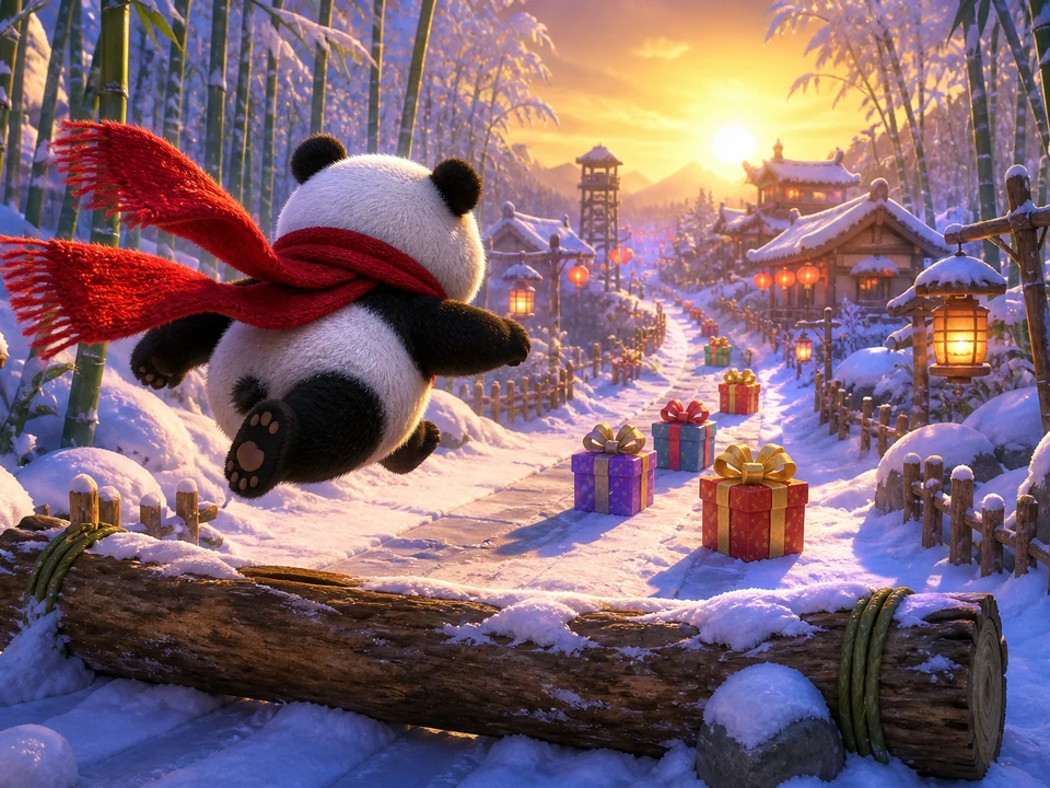 Cheerful panda wearing a red scarf running through a snowy bamboo village and jumping a fallen log toward colorful Christmas gifts, clear third-person runner view