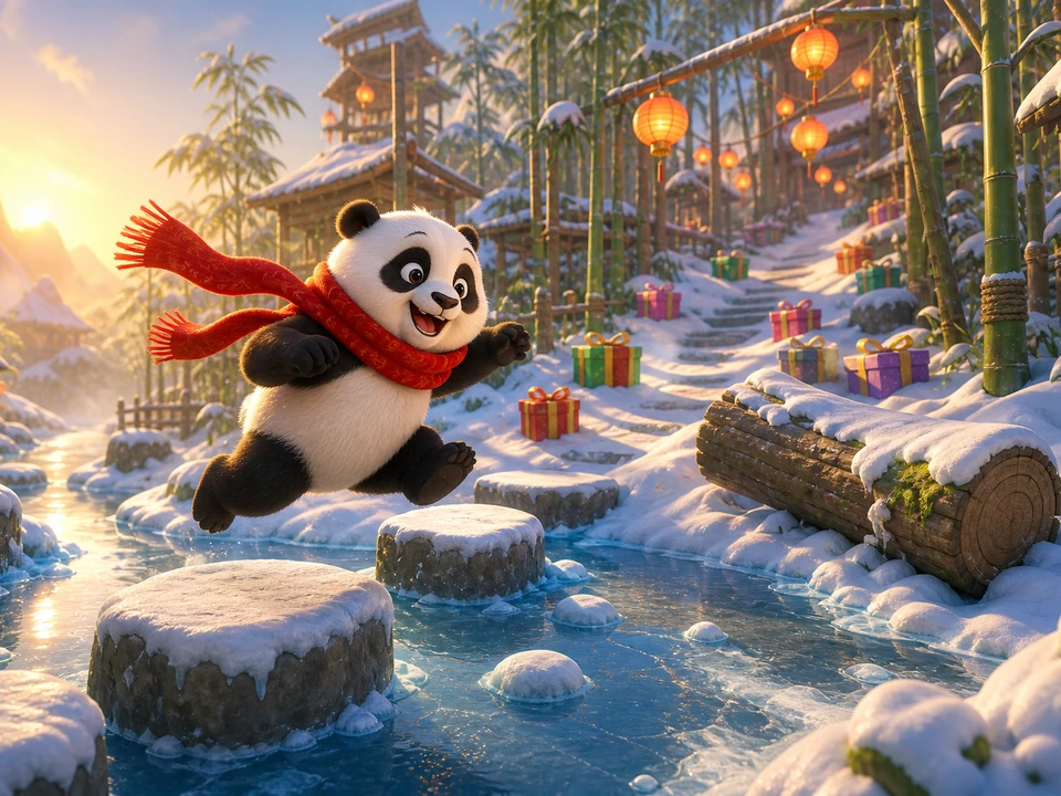 Same panda leaping across a frozen stream on stepping stones while choosing an elevated gift path beneath lanterns