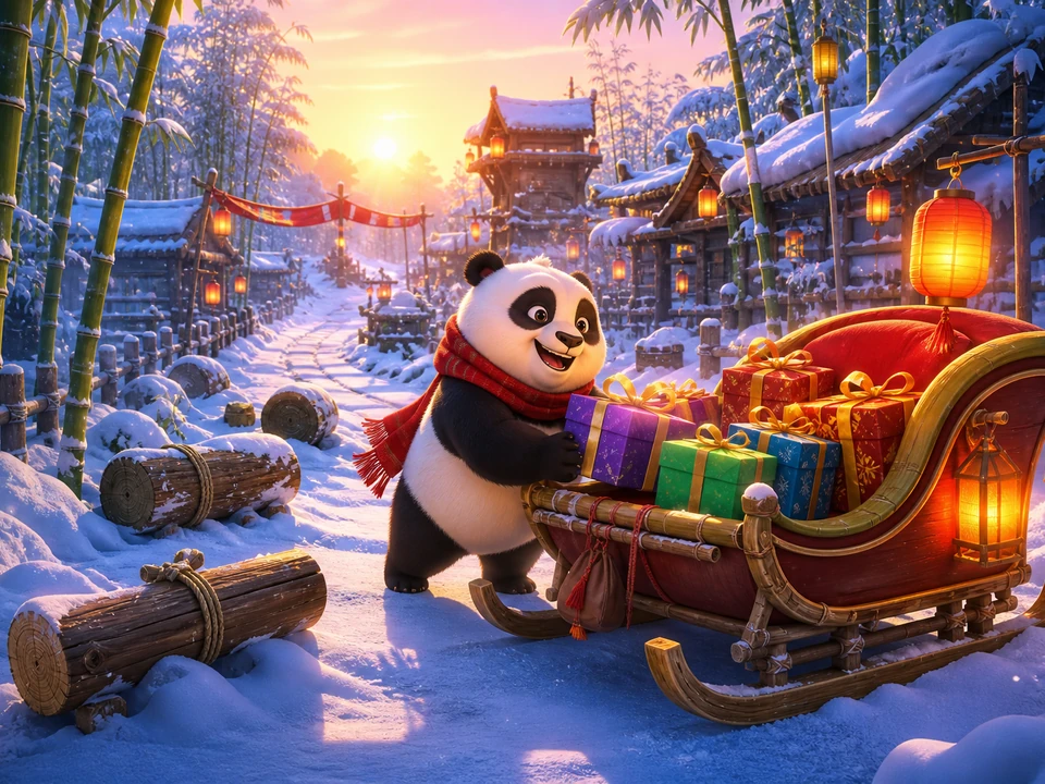 Same panda reaching a village sleigh and delivering collected gifts as lanterns glow at sunrise, no interface