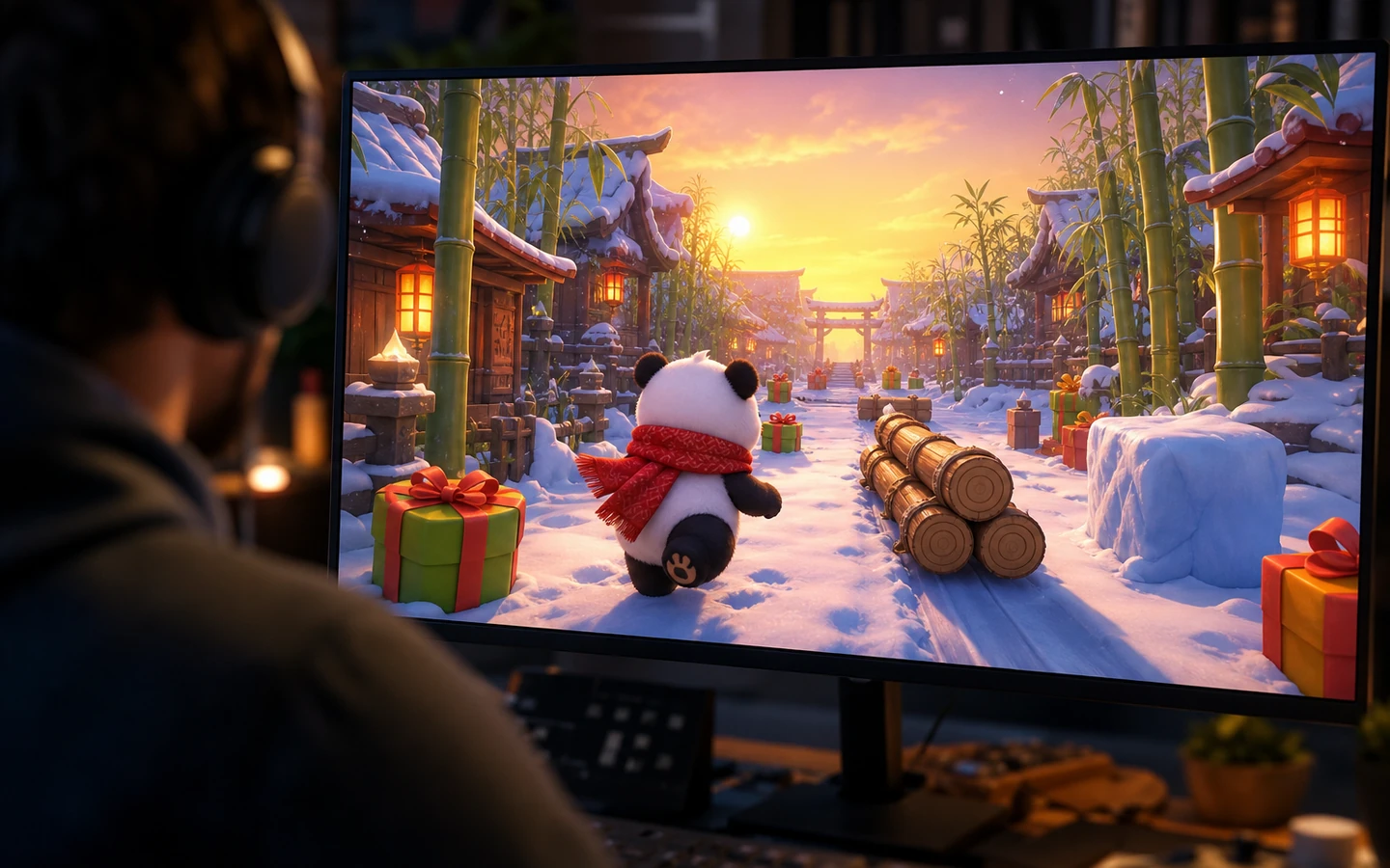 Over-the-shoulder game developer reviewing the original Christmas panda runner on a large monitor, controls abstract and unreadable