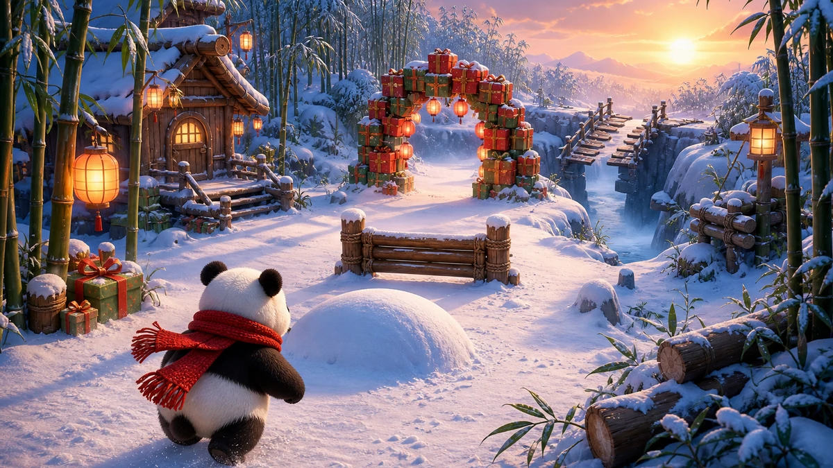 Panda approaching a readable sequence of snowbank, low gate, gift arch, and broken bridge with clear spacing