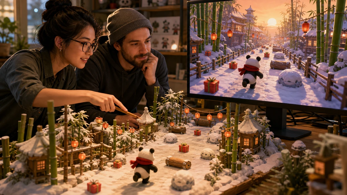 Two game creators reviewing a physical snowy route model and the original panda runner scene on a monitor, no readable labels
