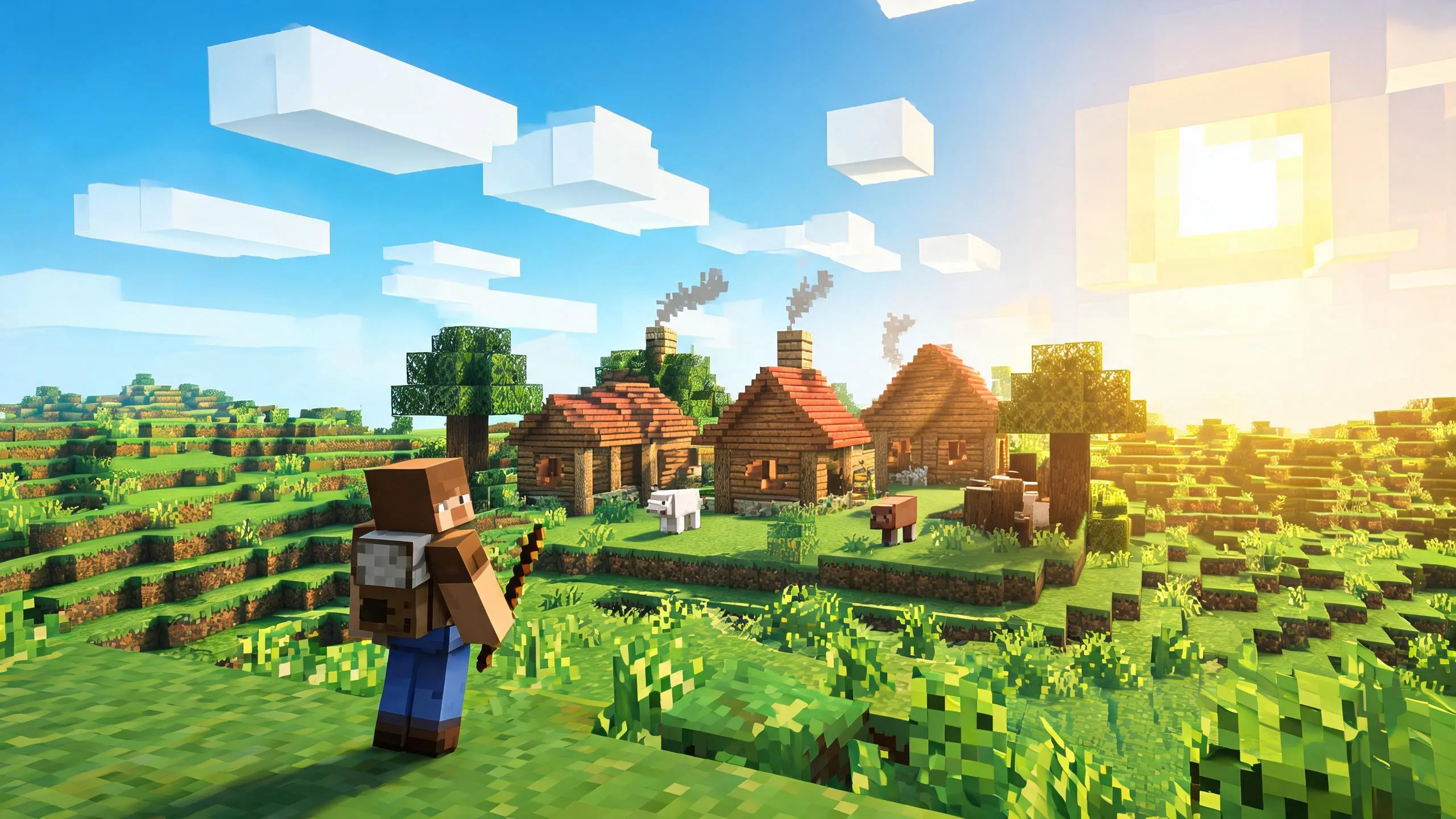 Blocky hero exploring a colorful voxel village in a Three.js adventure concept