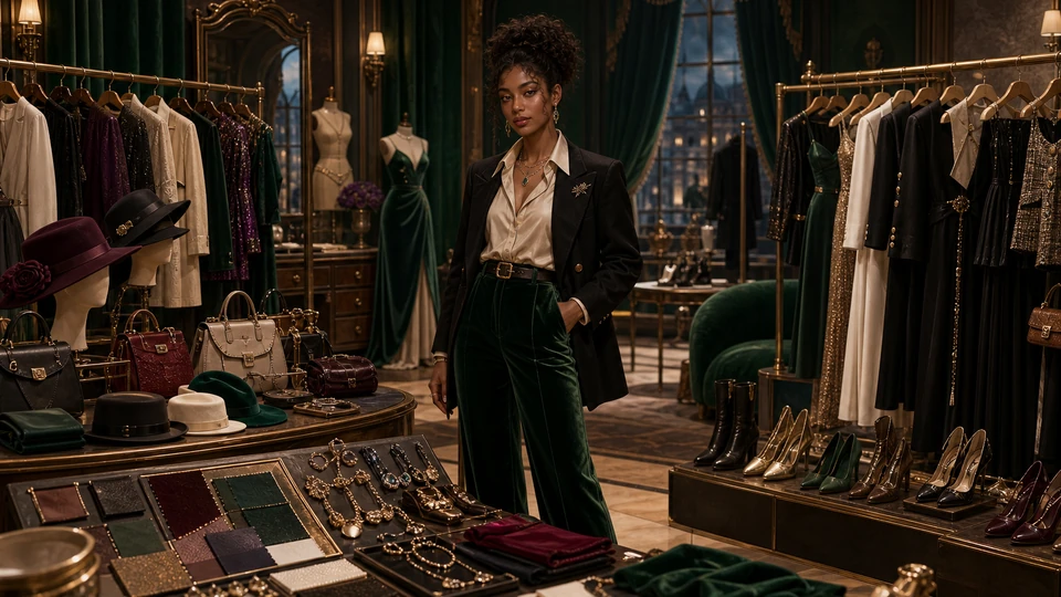 Physical in-world wardrobe kit with dress, jacket, trousers, shoes, hats, bags, jewelry, hangers, and fabric samples arranged in an elegant atelier
