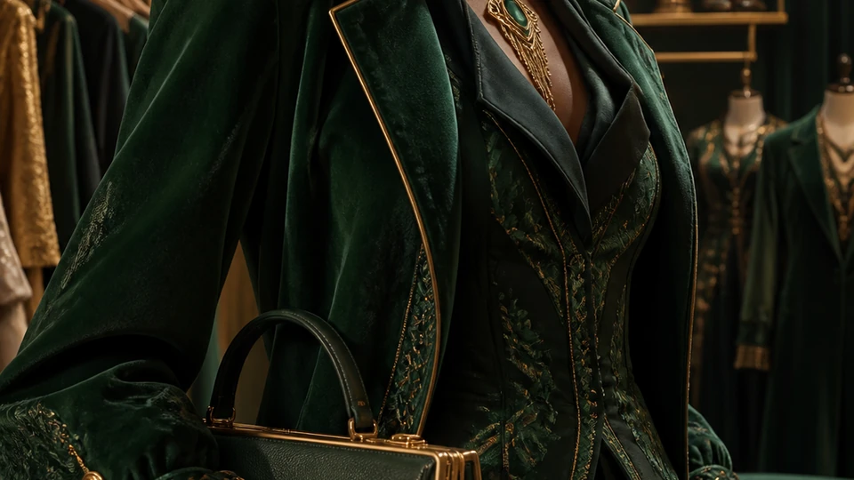 Close tasteful view of layered emerald jacket fabric, gold necklace, structured bag, and sleeve details on the adult avatar