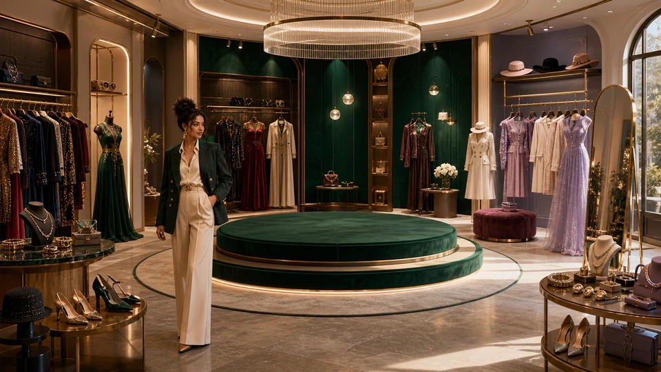 Wide fashion atelier showing turntable stage, garment racks, accessory stands, mirror area, soft lighting, and two coherent themed outfit zones