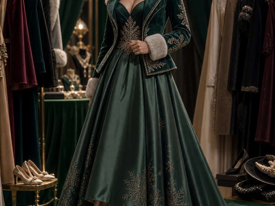 Young adult fashion avatar on an emerald velvet atelier stage wearing a coordinated winter gala dress and jacket, clothing racks nearby, tasteful full-body 3D view