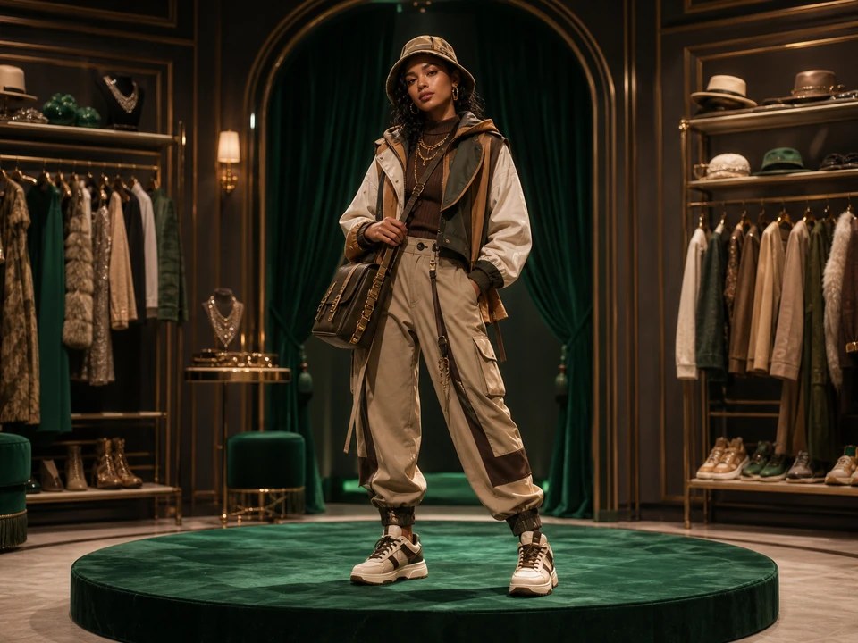 Same adult avatar in a distinct layered street-style outfit with jacket trousers sneakers bag and hat, same atelier and lighting