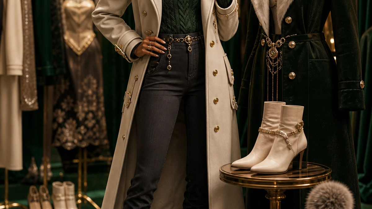 Adult avatar comparing a refined winter outfit beside physical garment stands holding compatible coat shoes hat and jewelry
