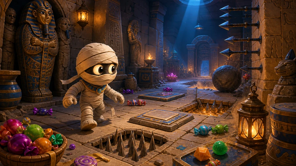 Physical in-world kit representing colorful sweets, mummy routes, and tomb traps, arranged coherently in the same visual direction
