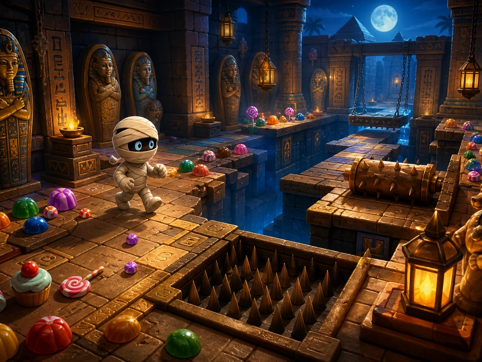 Wide three-quarter 3D gameplay scene of colorful sweets, mummy routes, and tomb traps in a coherent moonlit Egyptian tomb with a friendly wrapped mummy, colorful sweets, stone sarcophagi, and lanterns world, no interface
