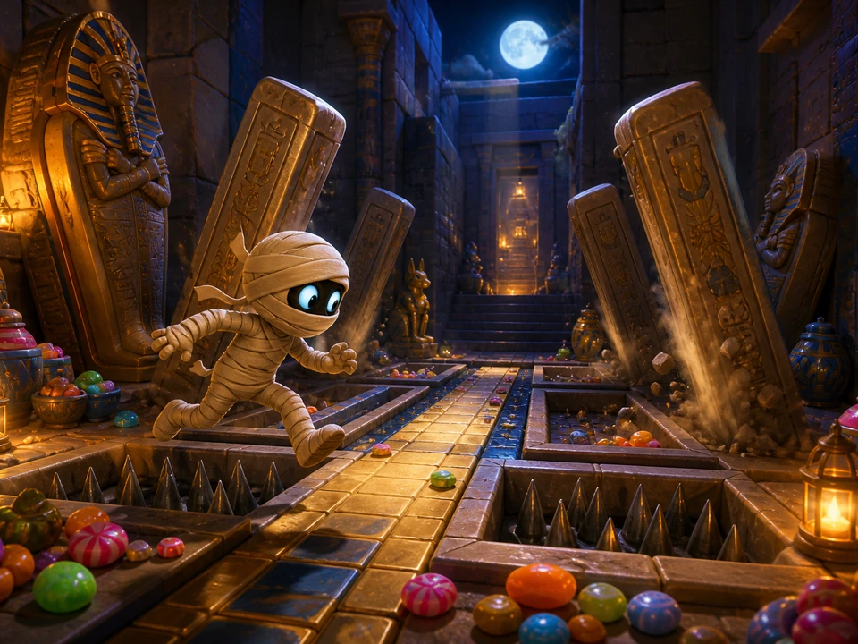 Action moment showing trap timing and narrowing safe paths resolving clearly in the same moonlit Egyptian tomb with a friendly wrapped mummy, colorful sweets, stone sarcophagi, and lanterns world, no text
