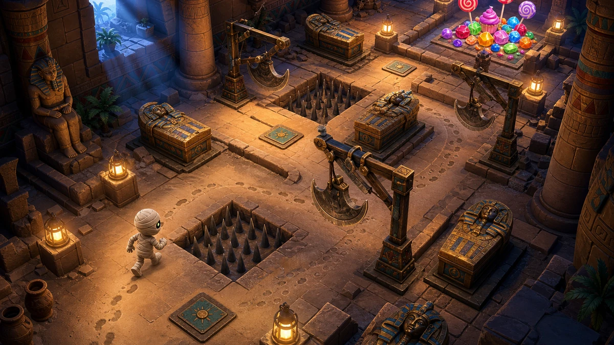 Clear playable layout showing colorful sweets, mummy routes, and tomb traps with readable spacing, camera, and route in the same world