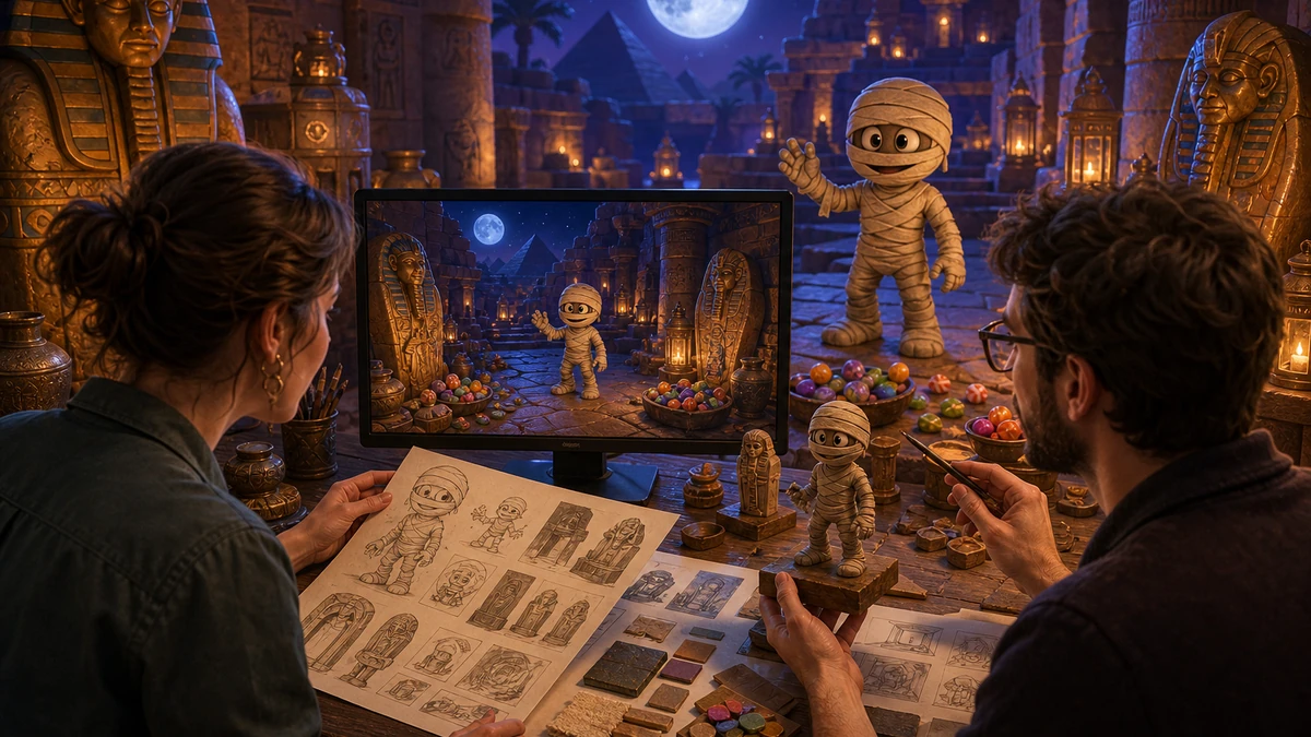 Two game creators reviewing physical design references and the original Three.js Mummy Candy Game scene on a monitor, no readable labels