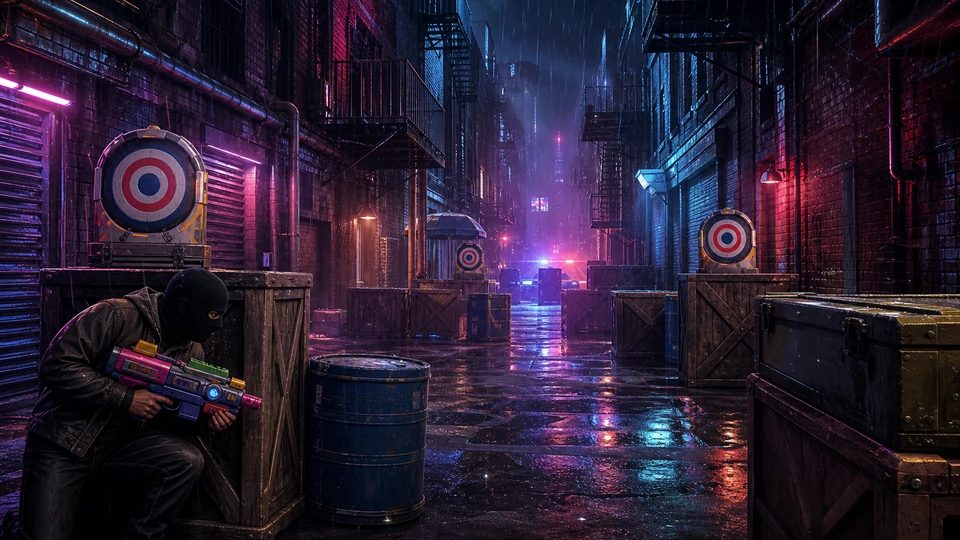 Physical in-world kit representing cover, targets, and readable alley lanes, arranged coherently in the same visual direction