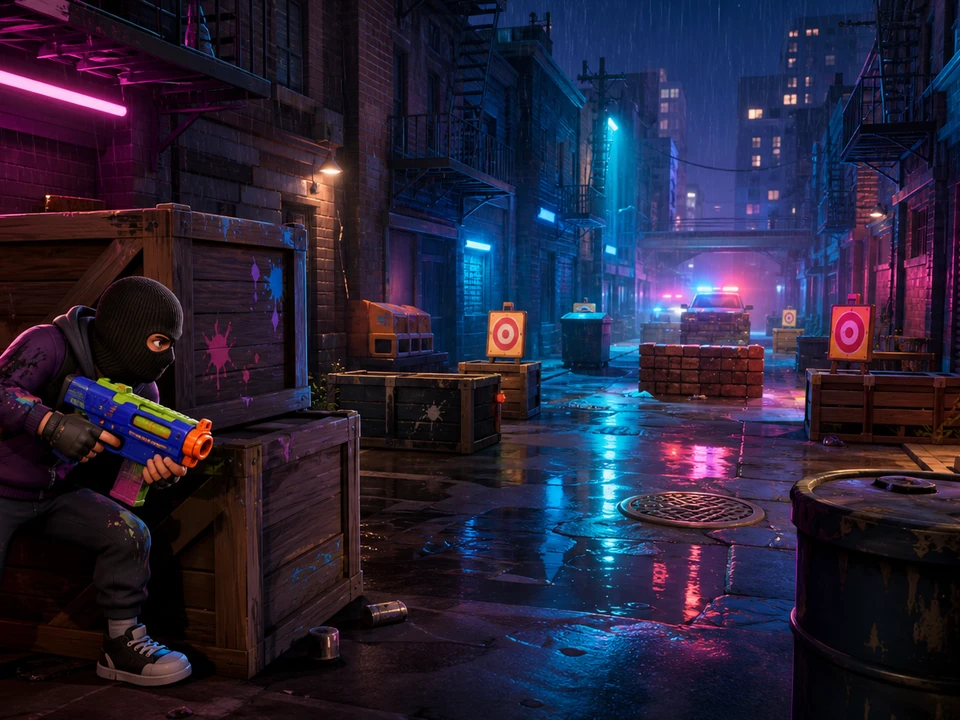 Wide three-quarter 3D gameplay scene of cover, targets, and readable alley lanes in a coherent stylized neon city alley with a masked robber, toy blaster, crates, police lights, and rain world, no interface