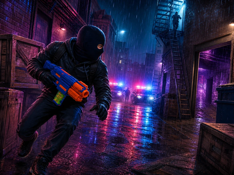 Action moment showing police pressure and escape routes resolving clearly in the same stylized neon city alley with a masked robber, toy blaster, crates, police lights, and rain world, no text