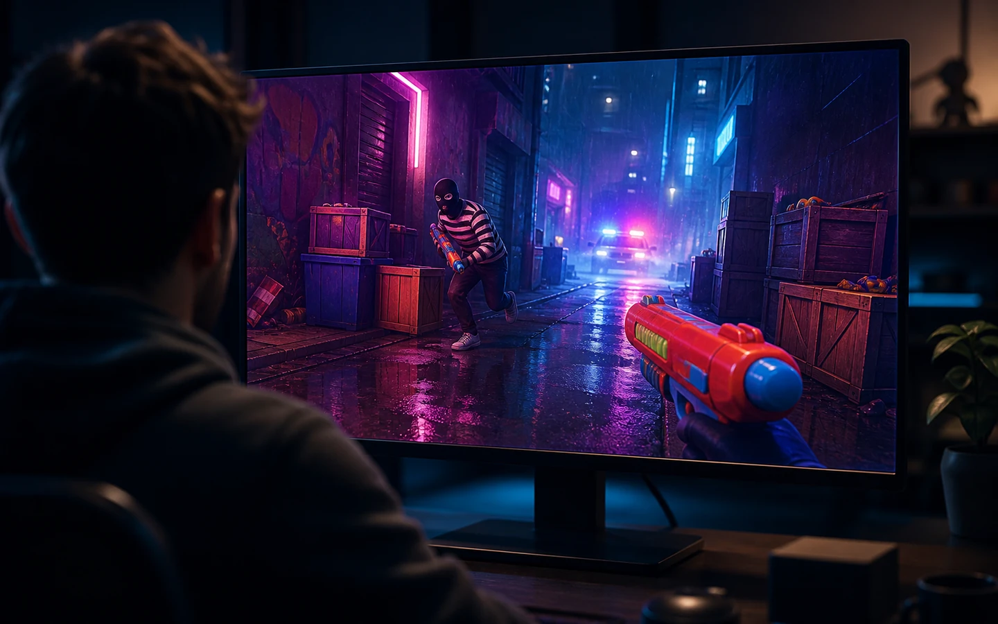 Over-the-shoulder developer reviewing the original Three.js Robber Shooter Game scene on a large monitor, controls abstract and unreadable