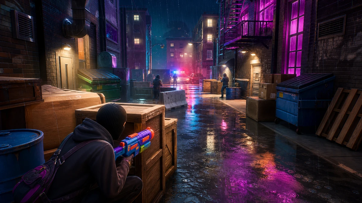 Clear playable layout showing cover, targets, and readable alley lanes with readable spacing, camera, and route in the same world