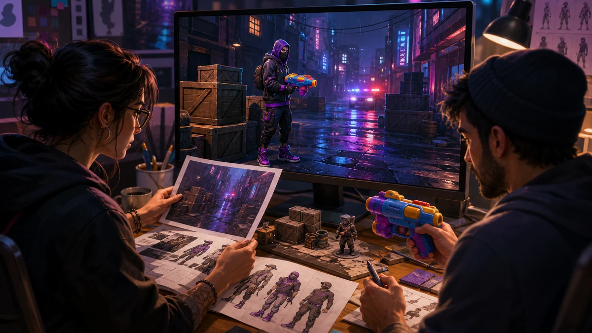 Two game creators reviewing physical design references and the original Three.js Robber Shooter Game scene on a monitor, no readable labels