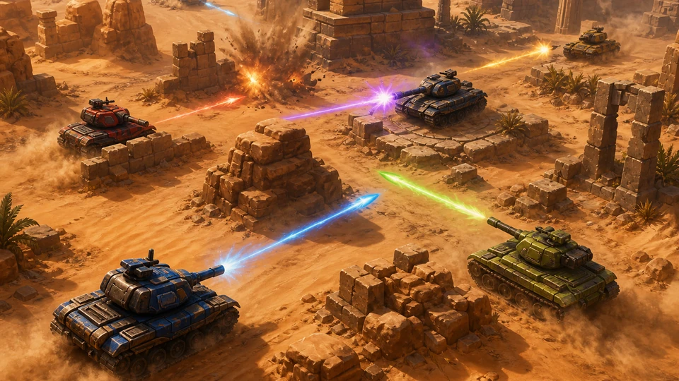 Physical in-world kit representing tank silhouettes, cover, and shell trails, arranged coherently in the same visual direction