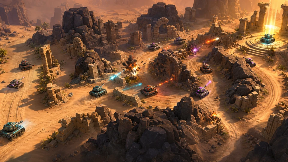 Wide final scene showing start, escalation, route choices, and finish for the Three.js Tank Battle Game prototype