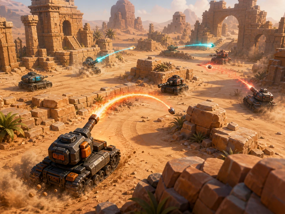 Wide three-quarter 3D gameplay scene of tank silhouettes, cover, and shell trails in a coherent stylized desert arena with compact tanks, ruins, dust, colored shells, and rocky cover world, no interface
