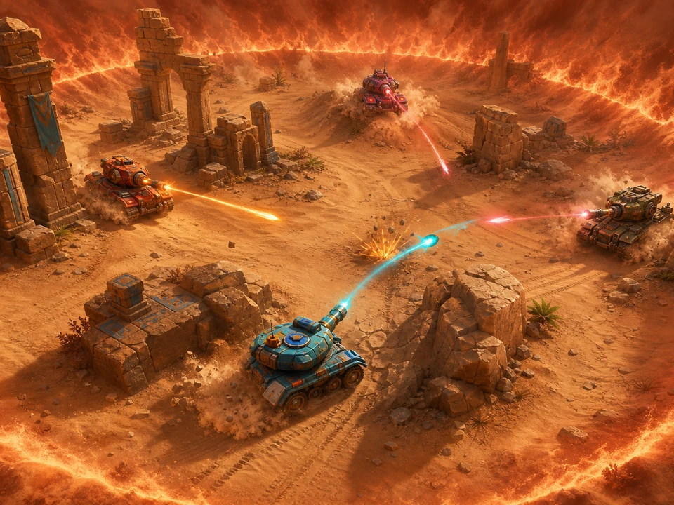 Action moment showing closing arena pressure and enemy approaches resolving clearly in the same stylized desert arena with compact tanks, ruins, dust, colored shells, and rocky cover world, no text