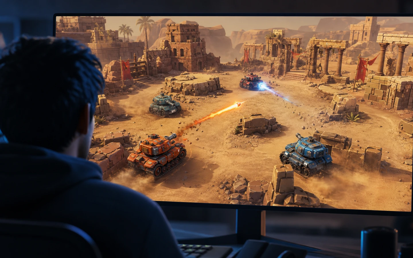 Over-the-shoulder developer reviewing the original Three.js Tank Battle Game scene on a large monitor, controls abstract and unreadable