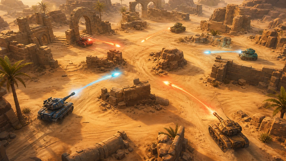 Clear playable layout showing tank silhouettes, cover, and shell trails with readable spacing, camera, and route in the same world