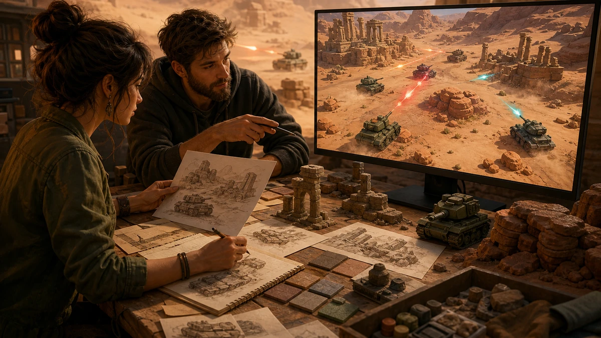 Two game creators reviewing physical design references and the original Three.js Tank Battle Game scene on a monitor, no readable labels