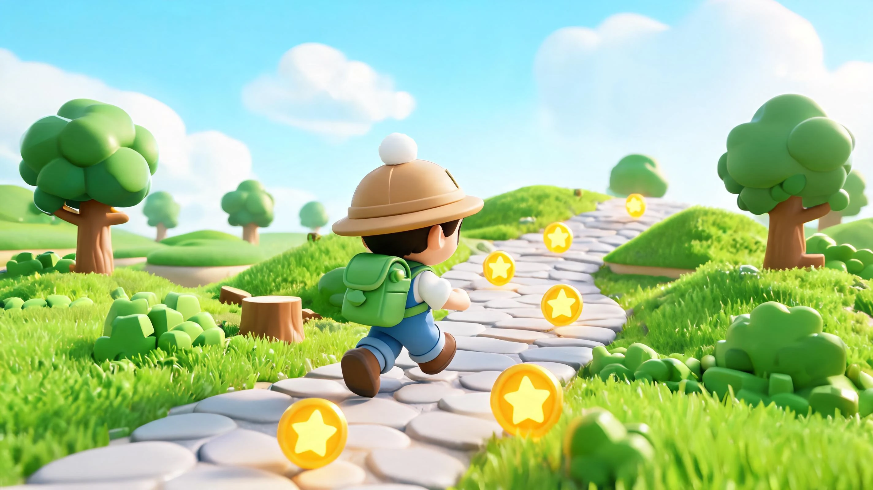 Third-person explorer collecting star tokens along a path through a stylized 3D landscape